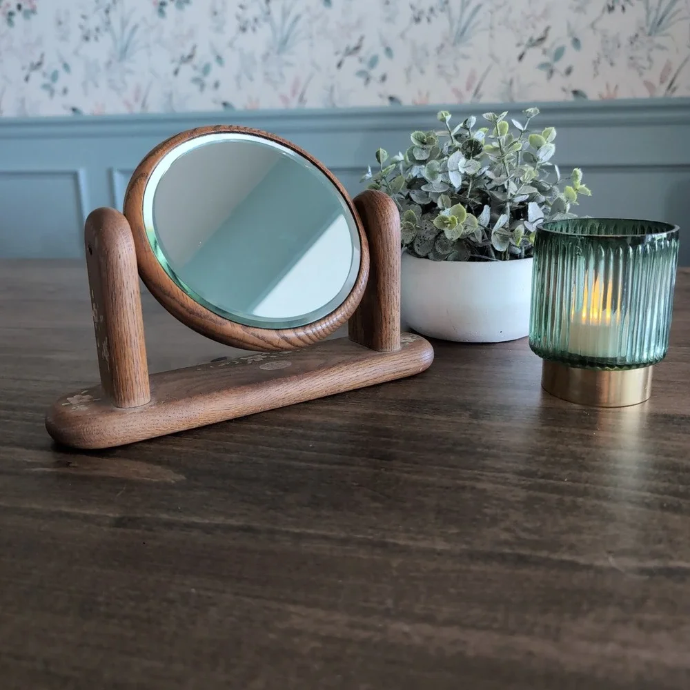 Gale Blashka Vanity Mirror Floral Hand Painted Wood Swivel~ Vintage Dual Sided